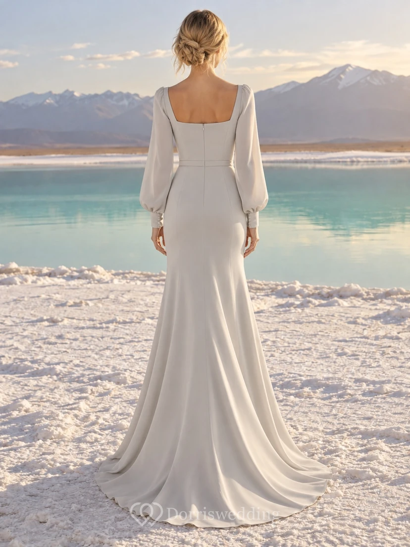 Sencillo vestido de novia plateado de corte recto con escote cuadrado, mangas largas abullonadas y cintura estrecha. view 2