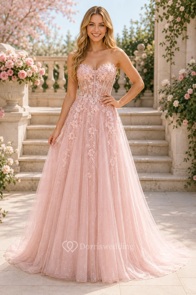Blushing Pink A-Line Prom Dress with Lace Applique Bodice and Soft Tulle Skirt