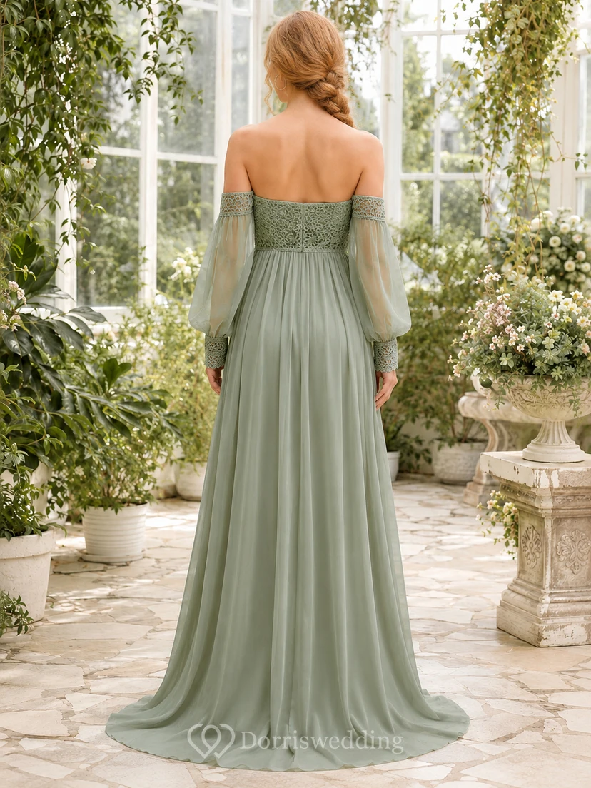 Vestido de novia premamá de gasa con mangas acampanadas y hombros descubiertos, estilo jardín. view 2