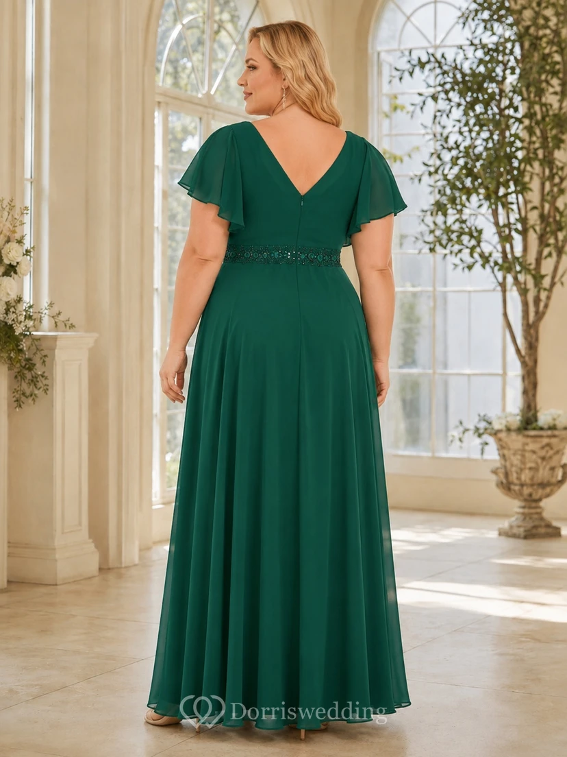 Vestido formal de gasa de corte A, talla grande, cuello en V, manga corta, color verde oscuro view 2
