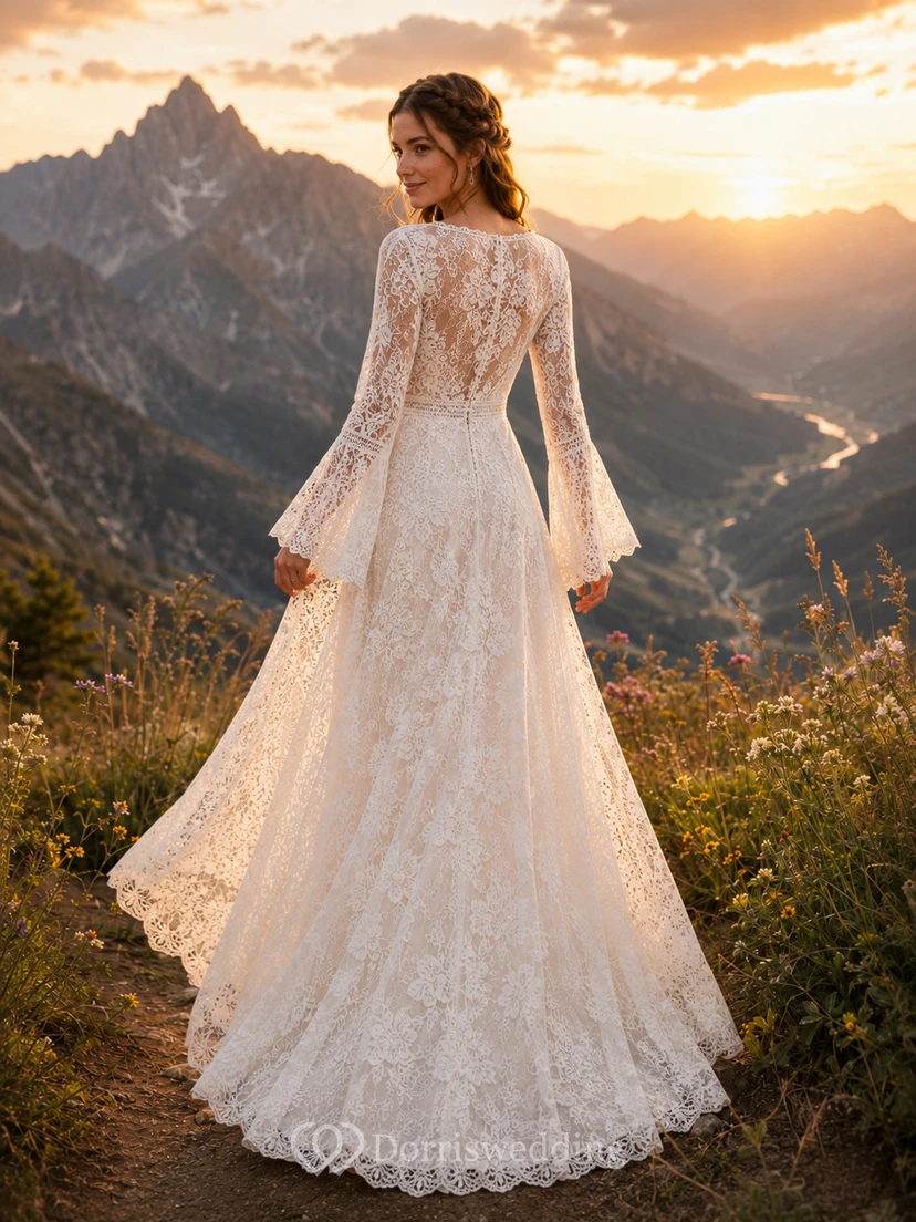 Robe de mariée bohème à manches cloche et col en V en dentelle pour une escapade à la montagne view 2