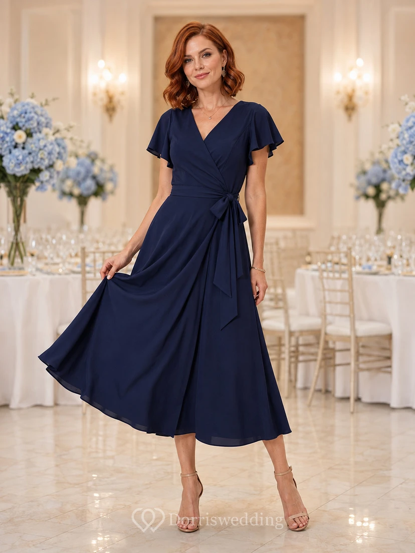 Navy Flutter Sleeve Wrap Tea Length Family Celebration Dress