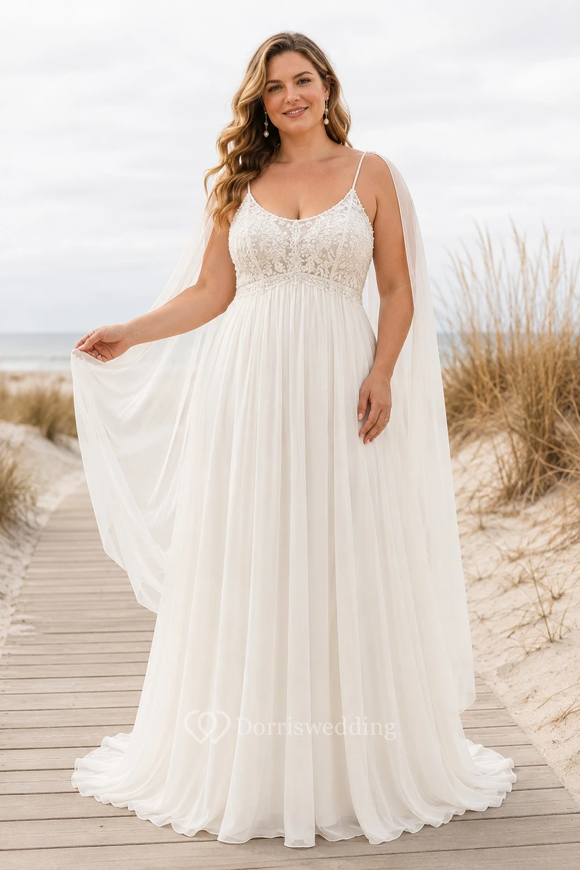 Robe de mariée grande taille ivoire en mousseline de soie à fines bretelles et dos nu, coupe trapèze, dos nu