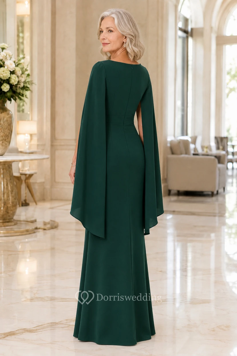 MOB-Kleid, dunkelgrünes Chiffon-Etui-Kleid, lange Ärmel, U-Boot-Ausschnitt, bodenlang, Cape-Ärmel-Detail view 2