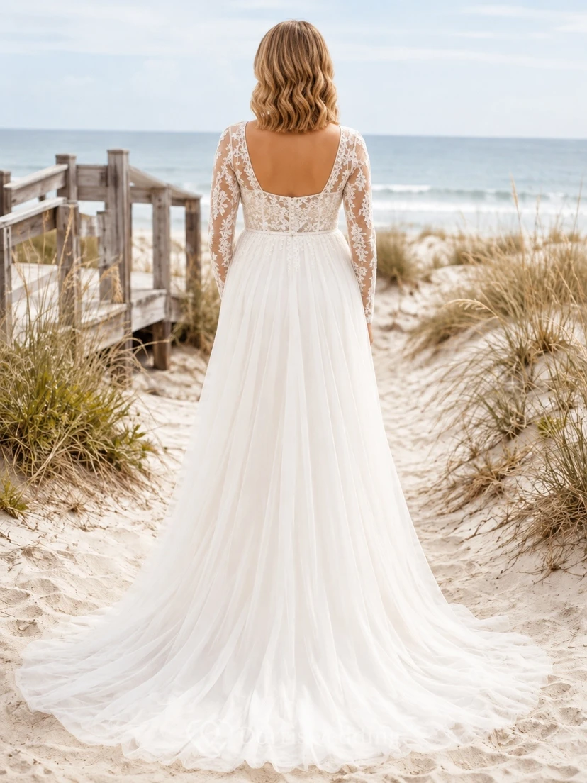 Vestido de novia de maternidad de encaje con escote cuadrado y manga corta estilo imperio view 2