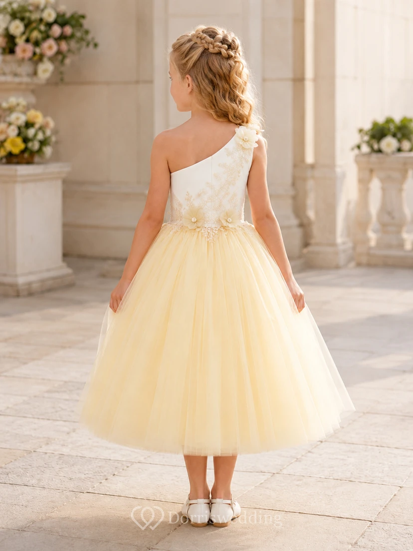 Flower Girl Dress Daffodil Tulle A-Line Jewel Neck Tea Length Bow Back view 2