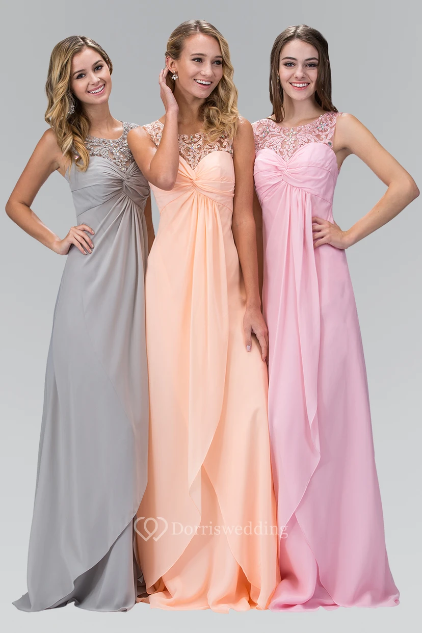 A-Line Long Scoop-Neck Sleeveless Empire Chiffon Dress With Beading And Draping