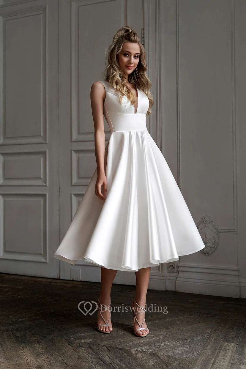 Simple Satin Empire A-line Tea-length Wedding Dress view 4