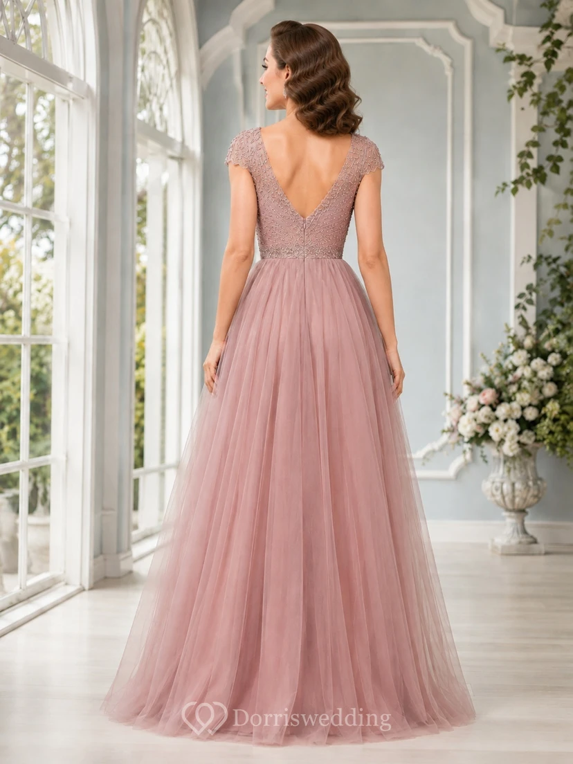 Dusty Rose Vintage Beaded Cap Sleeve Lace Tulle Floor-Length A-Line Formal Evening Dress view 2
