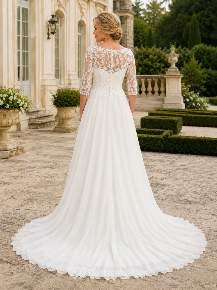 Modest Chiffon Wedding Dress A-Line Jewel Neck Long Sleeve Sweep Train Bridal Gown view 2