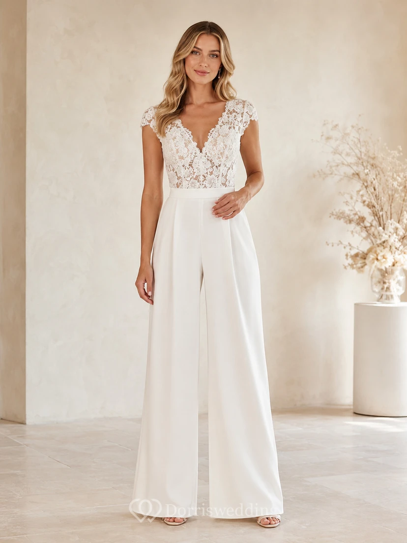 Satin Lace Wedding Jumpsuit V-Neck Sleeveless Sweep Train