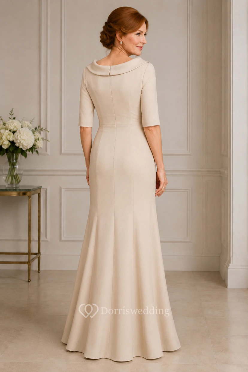 MOB-Kleid Champagnerfarbenes Satin-Meerjungfrauenkleid mit halben Ärmeln, Wasserfallausschnitt, bodenlang, drapiert view 2