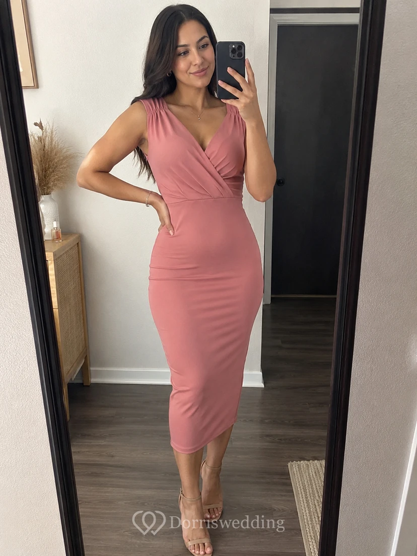 Cap-sleeved V-neck Sheath Dress With Pleats view 9
