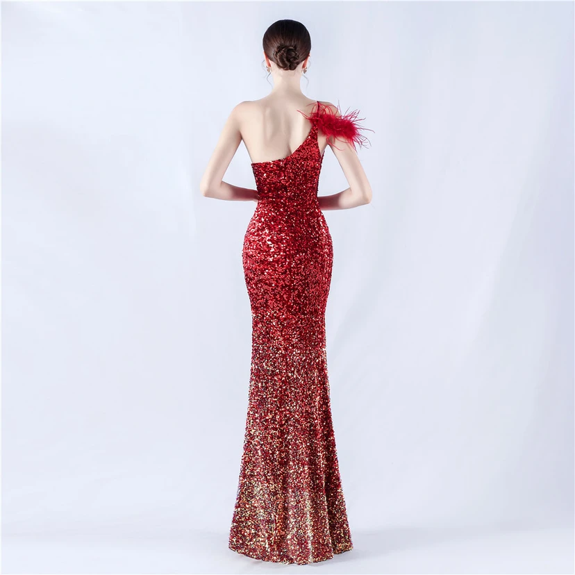Gradient Velvet Bottom Sequins Craft Beading Ostrich Hair One-Shoulder Oblique Collar High-Slit Evening Dress view 44