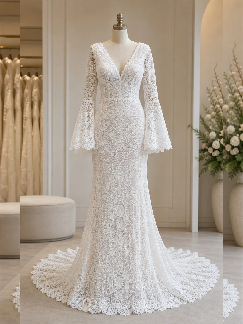 Vestido de novia bohemio de encaje, corte recto, escote en V, mangas largas acampanadas y cola. view 10