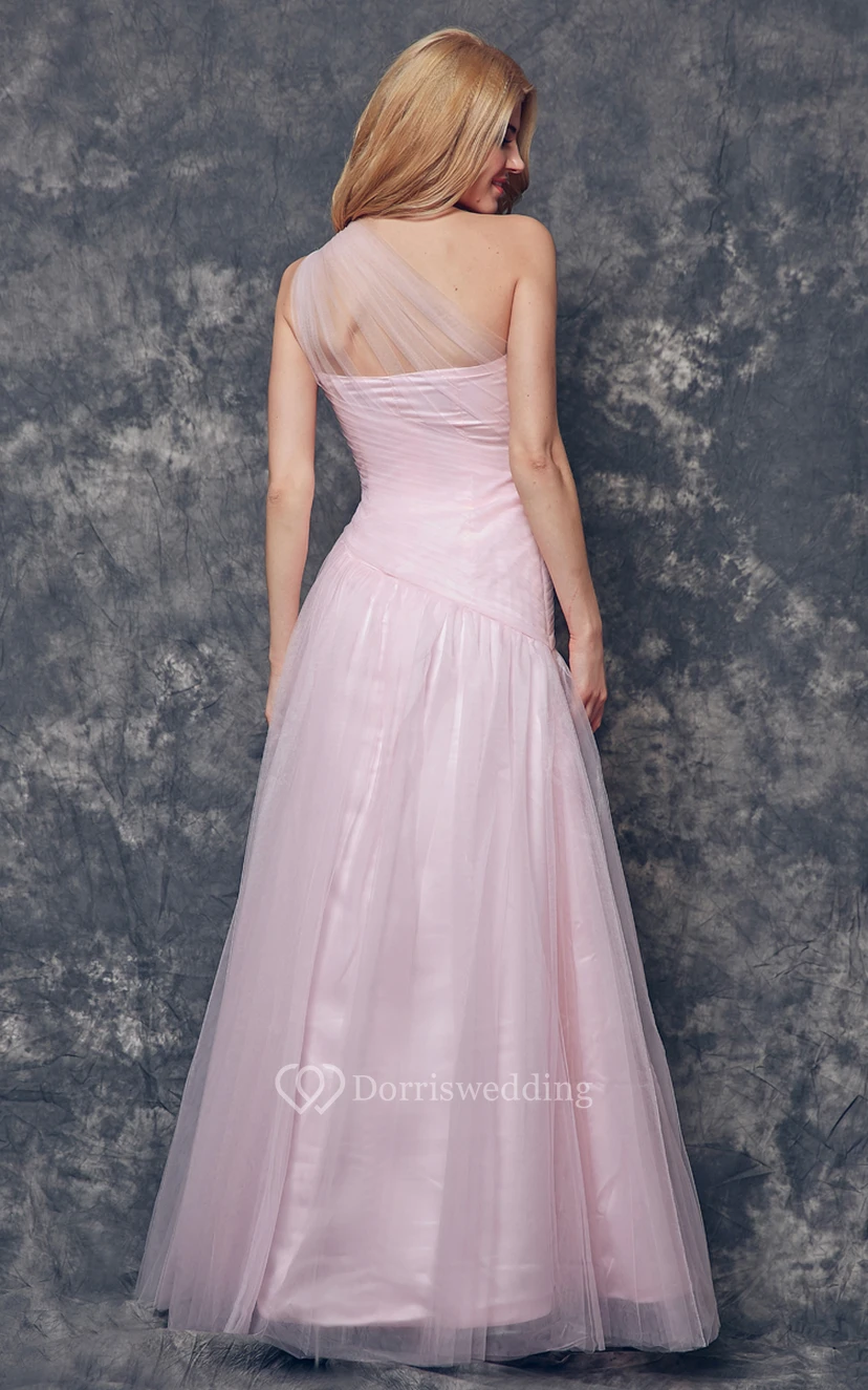 Elegant One Shoulder Ruched Long Tulle Dress view 3