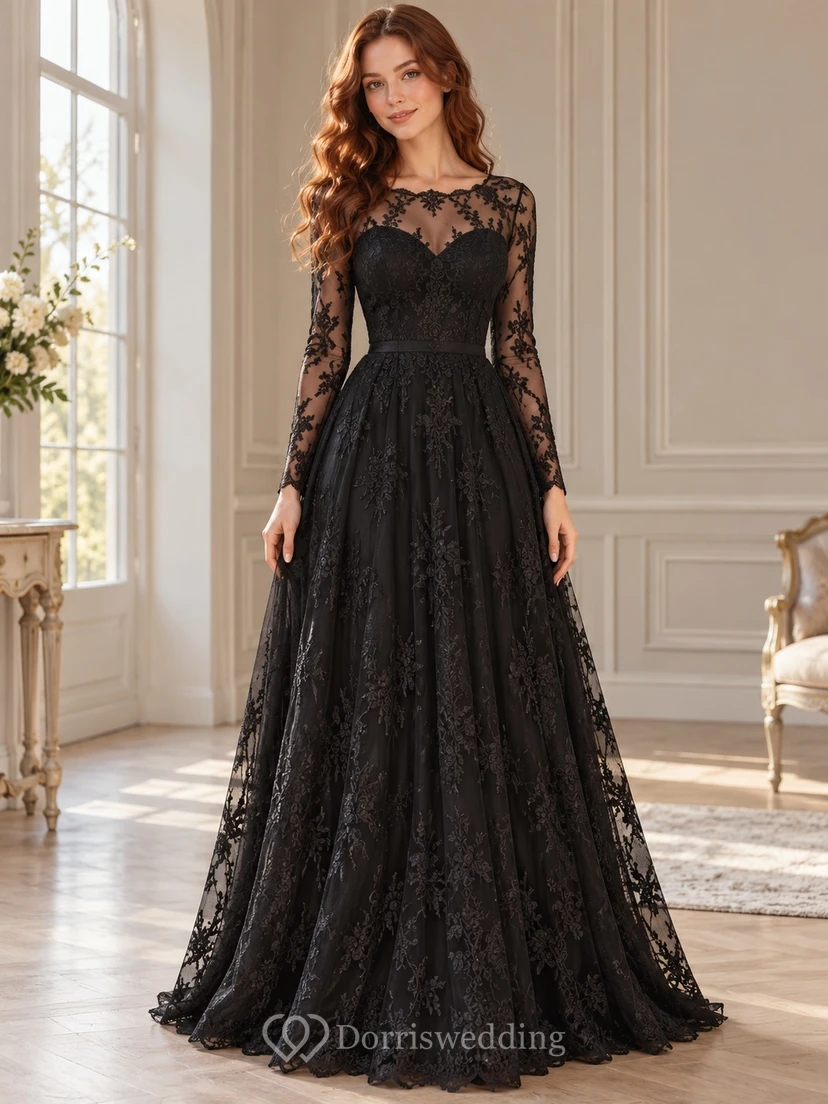 Robe de soirée longue en dentelle florale noire à manches longues et coupe trapèze
