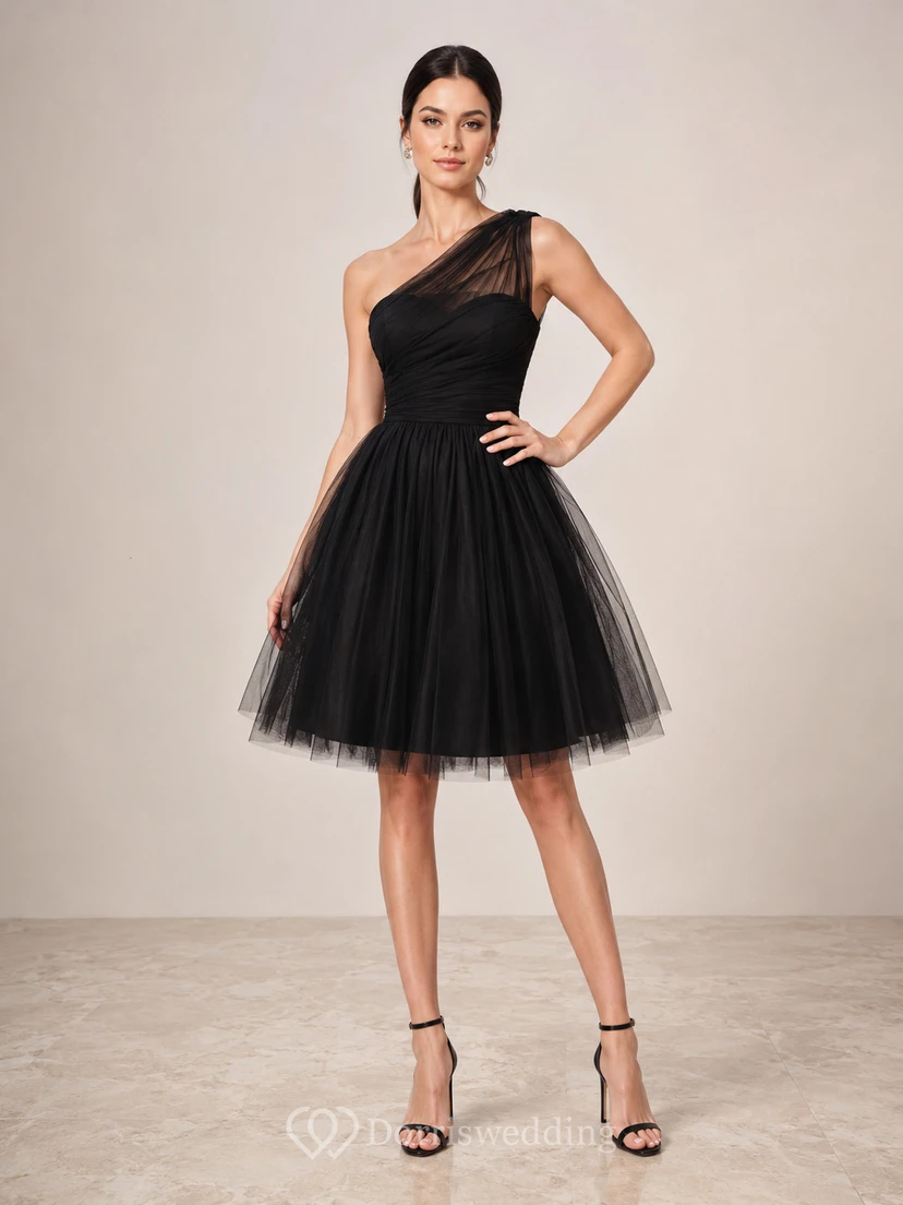 Black One-Shoulder Illusion Tulle Cocktail Dress