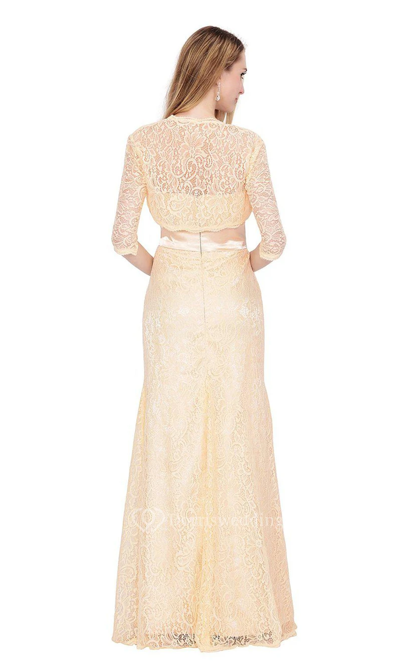 Trägerloses langes Spitzenkleid mit passender Jacke view 2