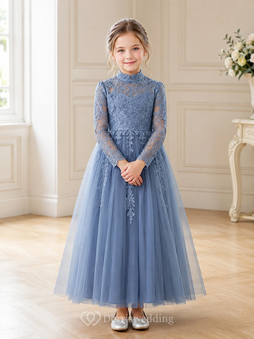 Flower Girl Dress Steel Blue Lace Tulle A-Line Jewel Neck Tea Length
