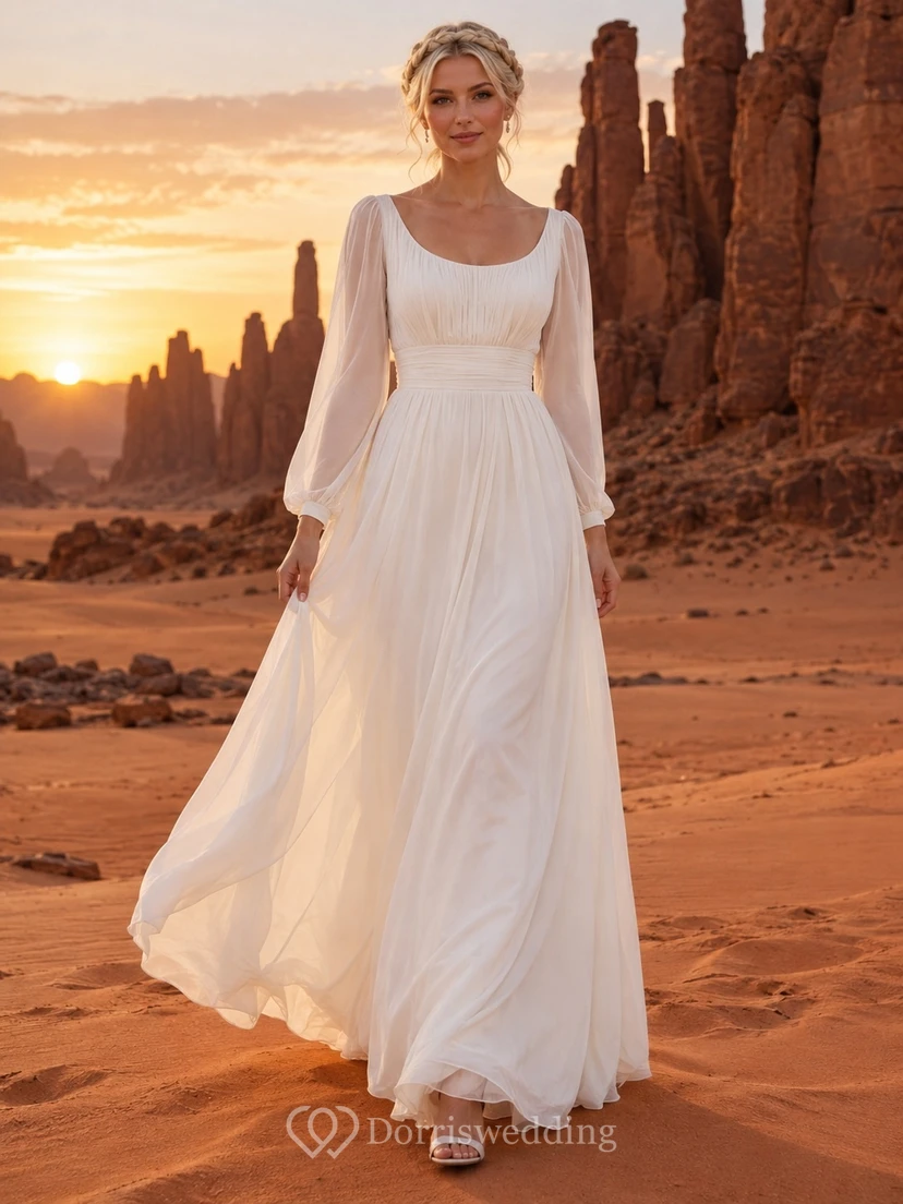 Vestido de novia sencillo de corte A hasta el suelo con escote redondo, mangas largas transparentes, corpiño fruncido y cintura natural.