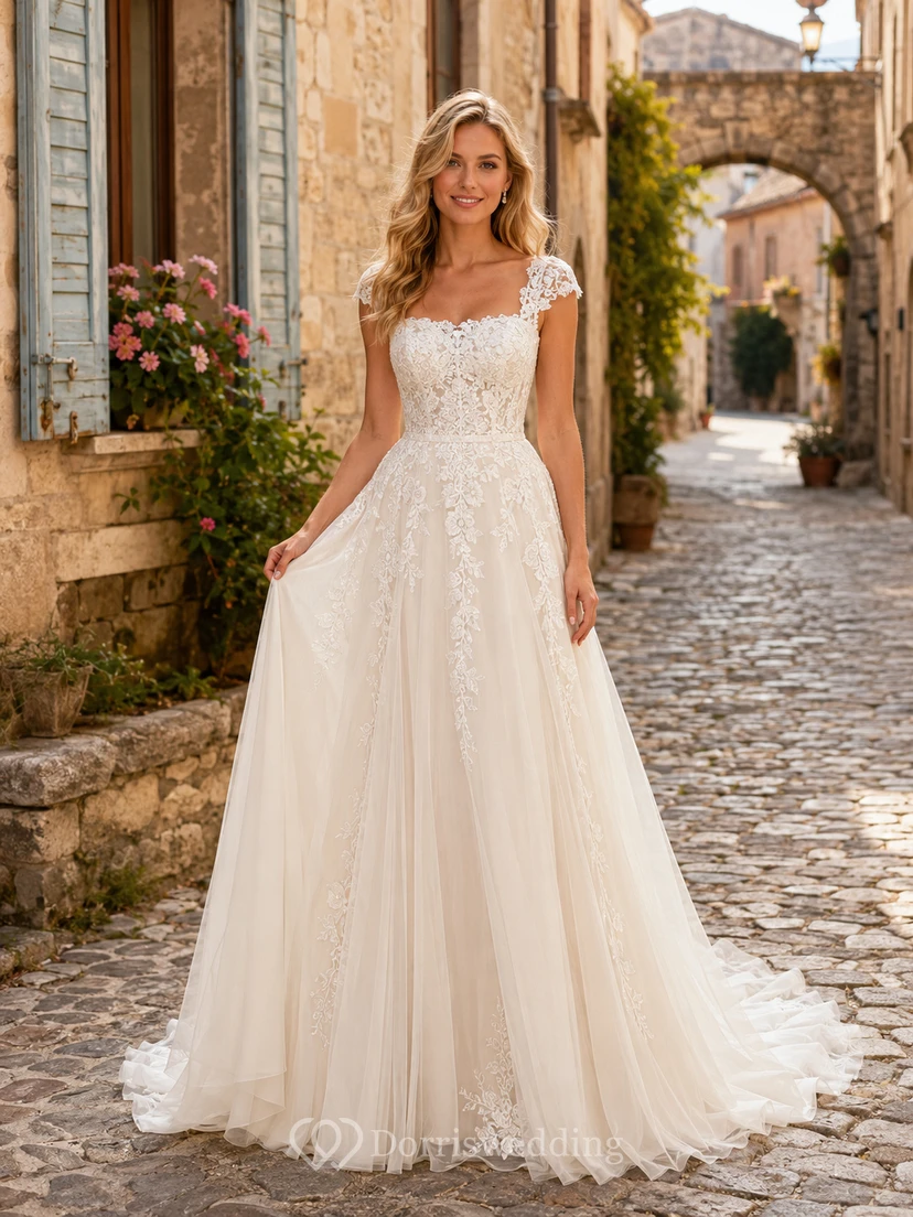Vestido de novia de tul y encaje campestre, corte en A, escote en V, mangas cortas, cola de corte princesa.