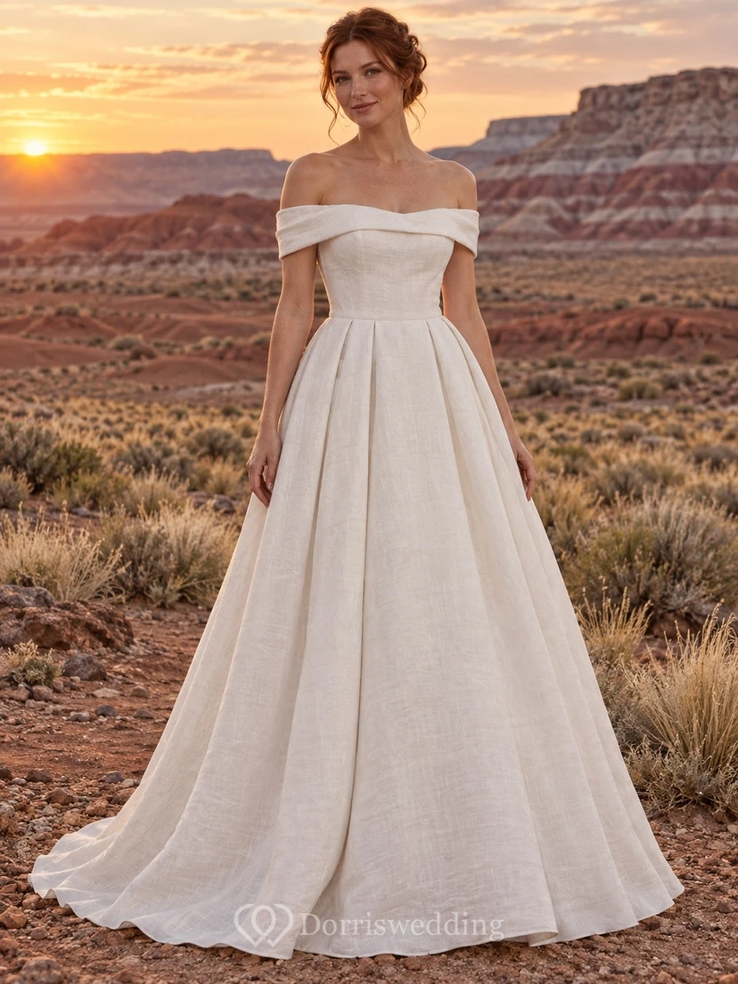 Vestido de novia sencillo de manga corta con hombros descubiertos, confeccionado en lino plisado y corte en A, largo hasta el suelo.