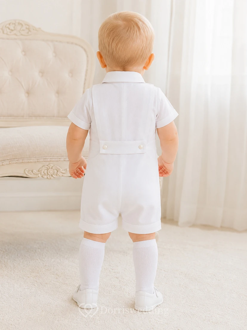 White Double Button Bib Short Sleeve Christening Romper for Baby Boy view 2