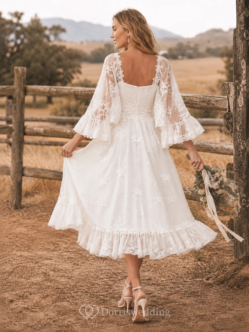 Boho Tea Length Country Wedding Dress with Lace Cape Sleeves, Ruched Bodice & Tiered Midi Skirt view 2