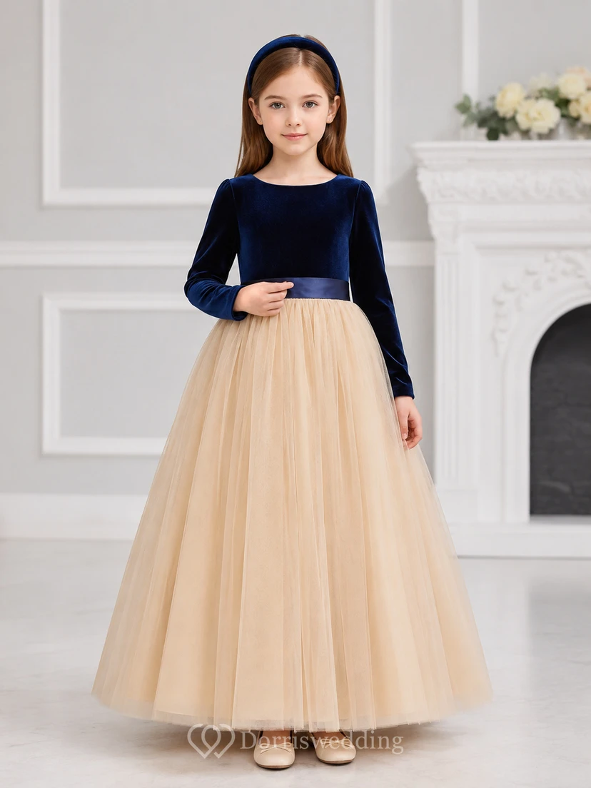 Robe de bal longue de luxe pour demoiselle d'honneur d'hiver, en velours bleu marine foncé et tulle, manches longues et col bijou.