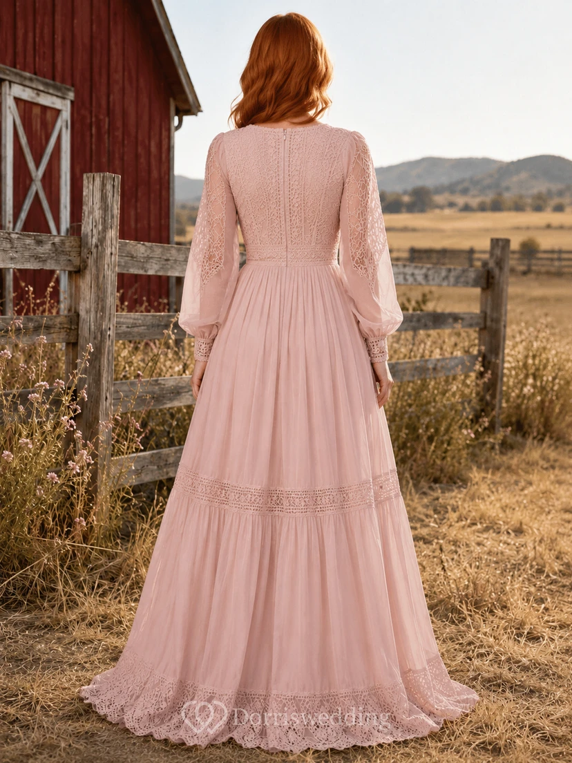 Dusty Pink Long Sleeve Crochet Tiered Rustic Barn Bridal Gown view 2