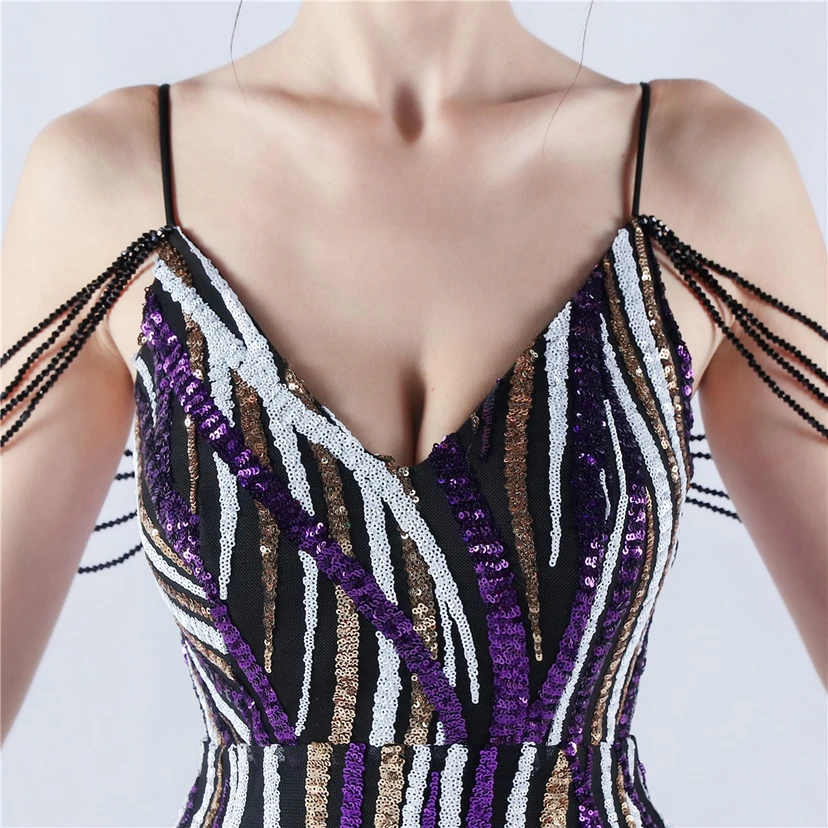 Sequined Striped Color Matching Slim Dinner Host Suspender Long Dress For Women view 35