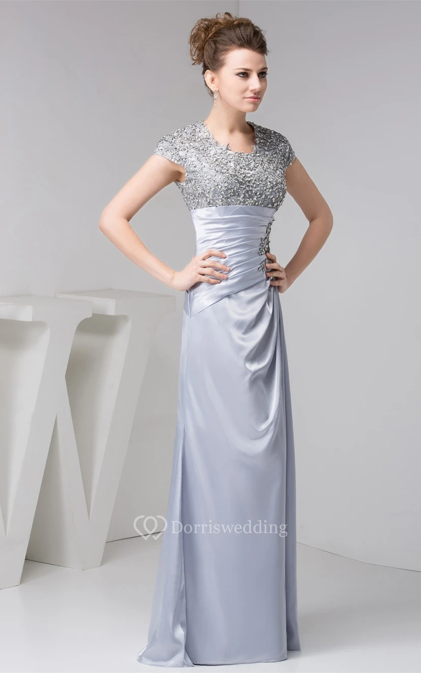 Caped-Sleeve Sheath Ruched Appliques and Dress With Jewels view 5