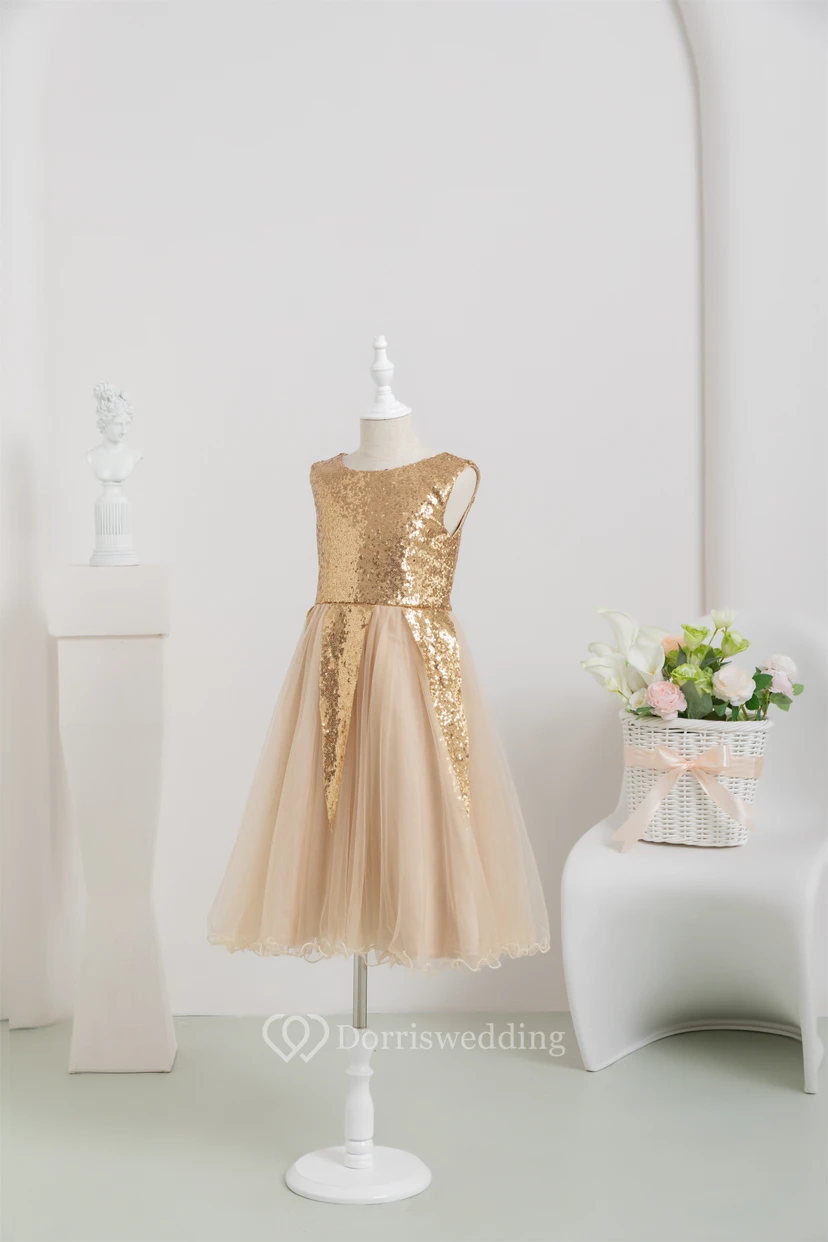 Sequin Tulle A-line Pleated Flowergirl Dress with Zipper Back view 4