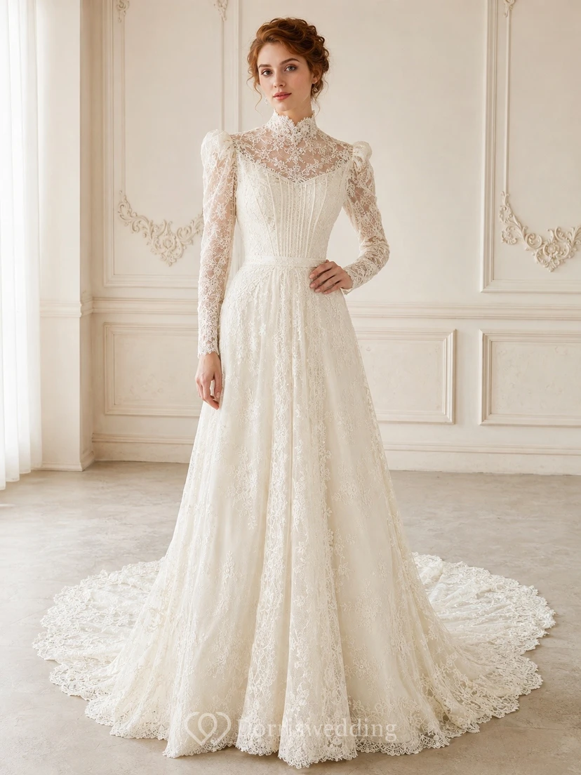 Vestido de novia blanco de encaje, corte A, manga larga, estilo vintage y modesto.