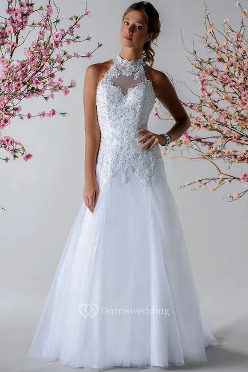 Halter Style Bridal Gown With Appliqued Top And Tulle Skirt
