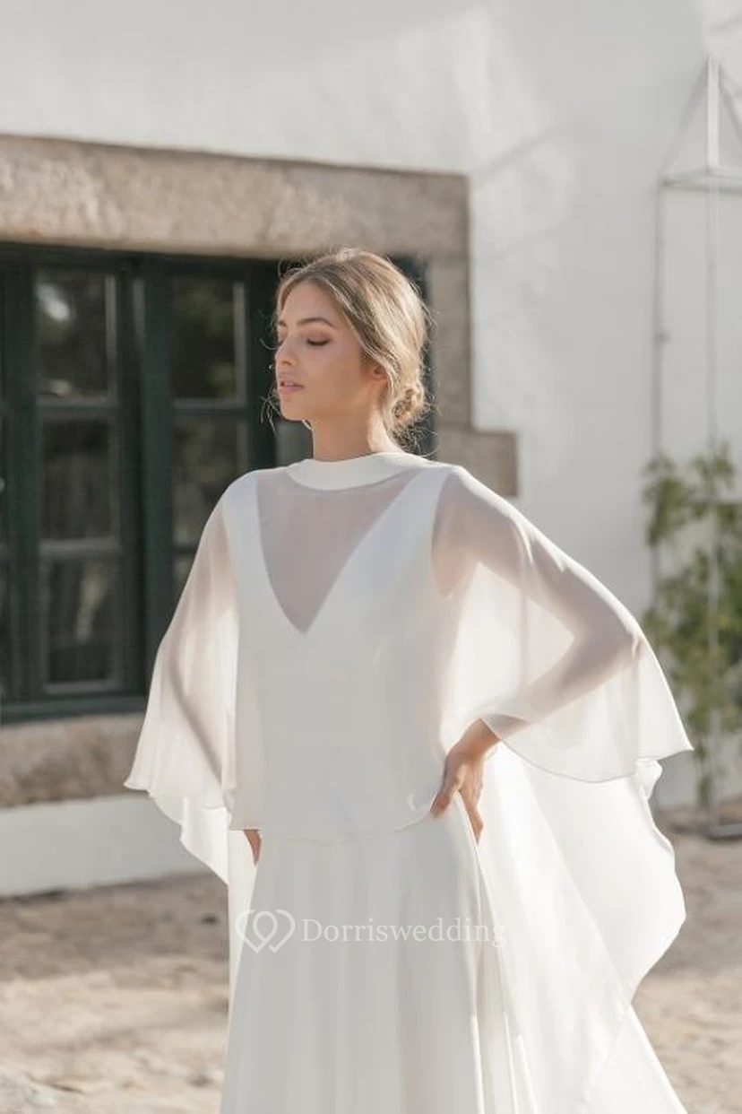 Simple Chiffon Jewel-neck Sheer Sheath Boho Wedding Dress with Cape