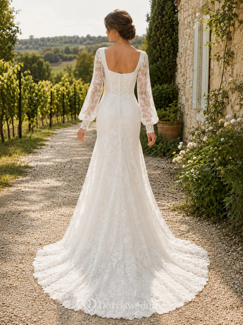Robe de mariée bohème style champêtre à col carré, manches longues en dentelle illusion et traîne chapelle view 2
