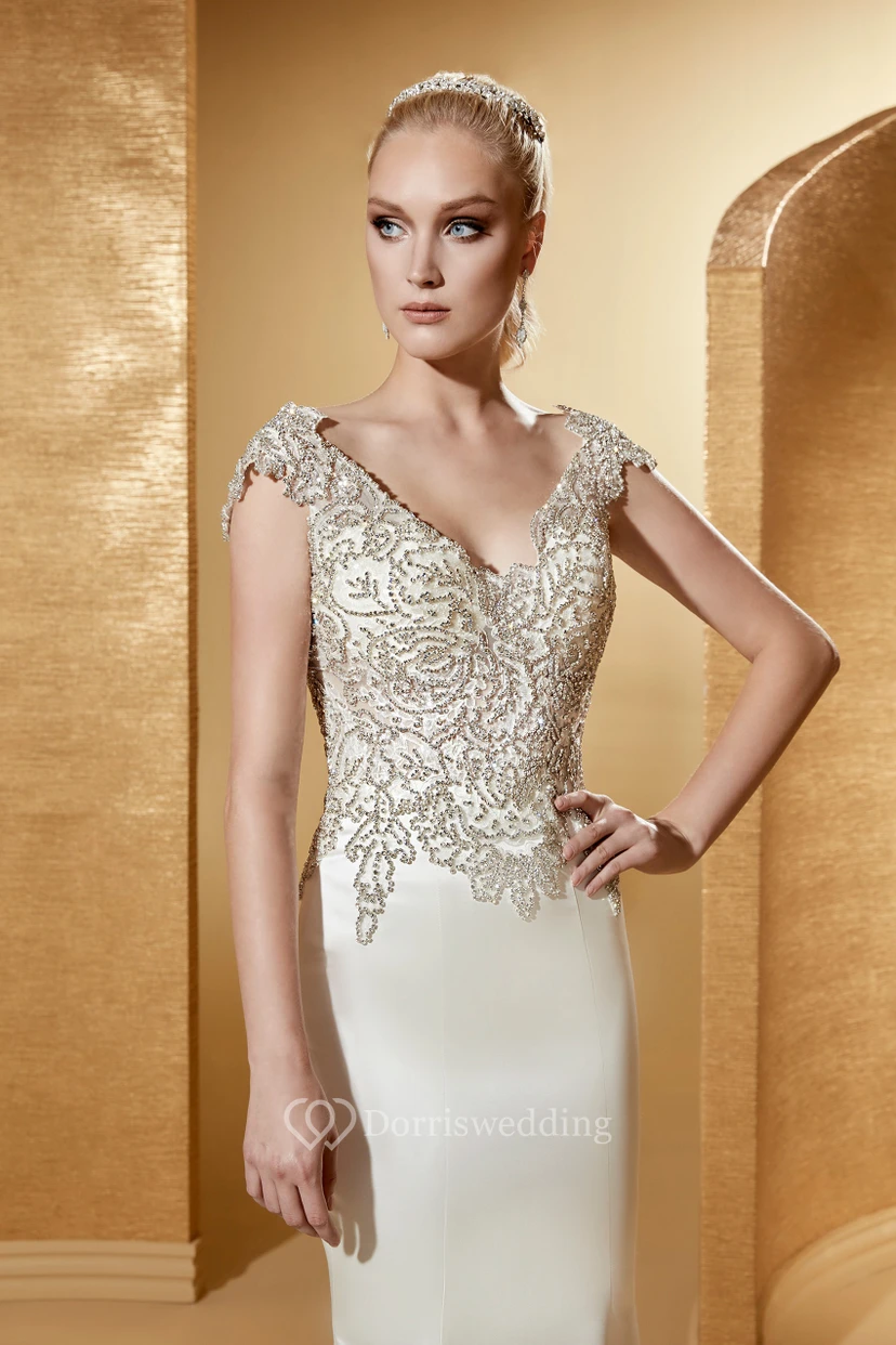 V-Neck Cap Sleeve Sheath Bridal Gown With Beaded Bodice And Open Back view 3