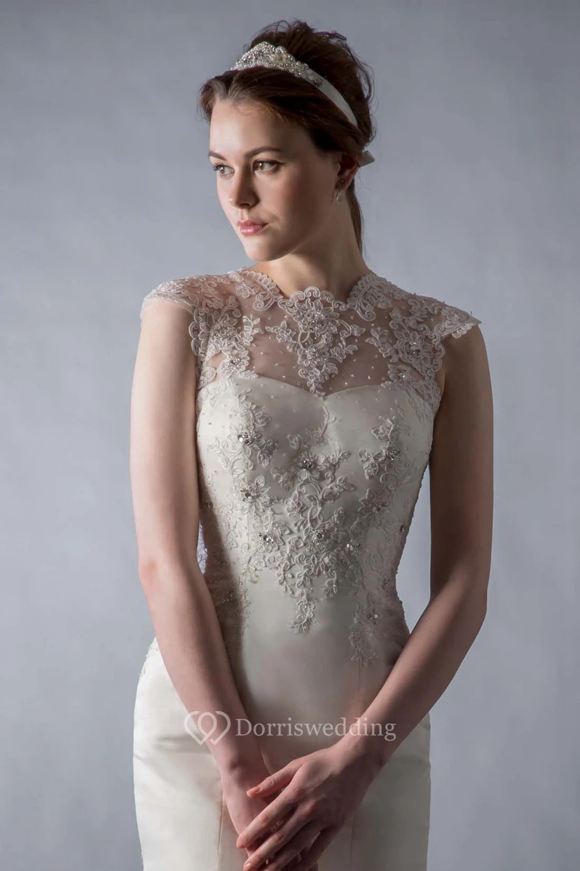 Sheath Jewel Floor-Length Cap-Sleeve Appliqued Satin Wedding Dress With Illusion Back And Beading view 3