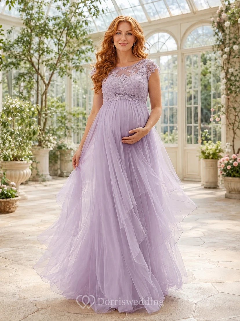 Lavender Maternity Tulle Volume Jewel-Neck A-Line Floor-Length Romantic Evening Gown