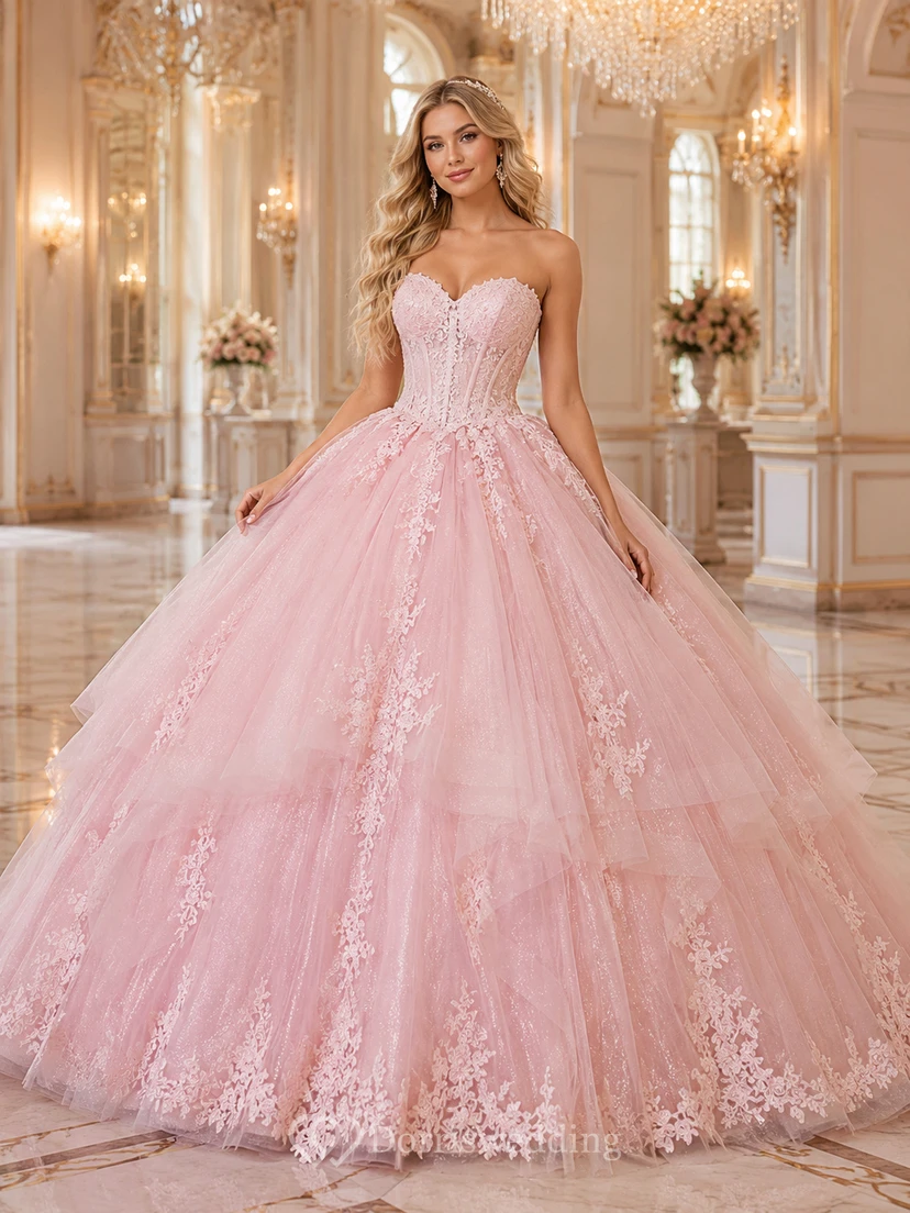Pastel Pink Strapless Applique Tulle Quinceanera Ball Gown