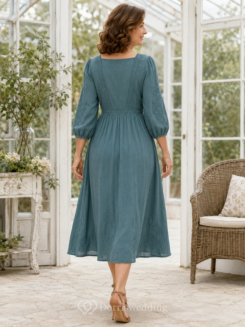 Lässiges Boho-Kleid in Türkis mit eckigem Ausschnitt, Dreiviertelärmeln, A-Linie und Teelänge view 2