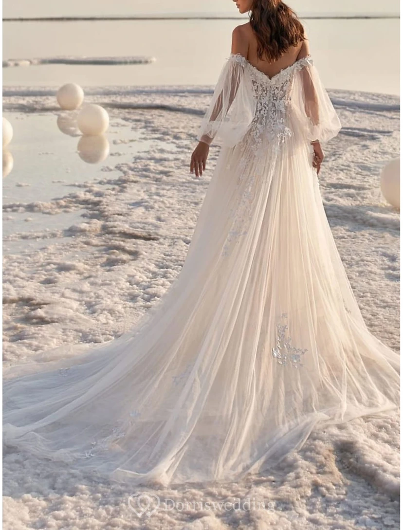 Ethereal Off-Shoulder Tulle Ball Gown with Puff Sleeves view 4
