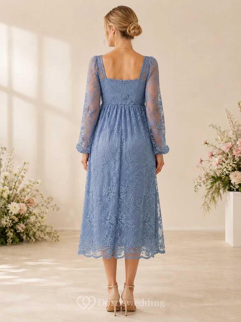 Steel Blue Floral Lace Long Sleeve Maternity Tea Length Dress view 2