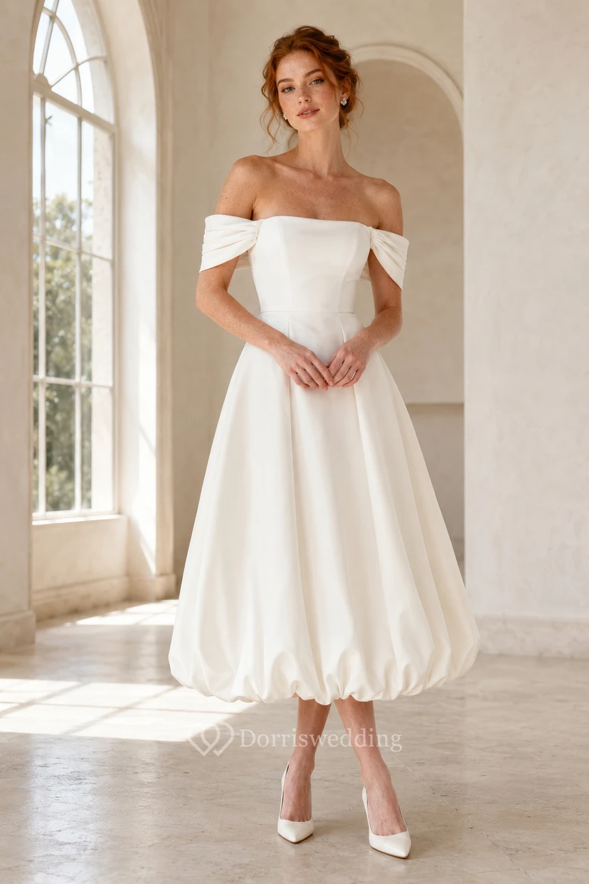 Robe de mariée en satin mi-longue à épaules dénudées