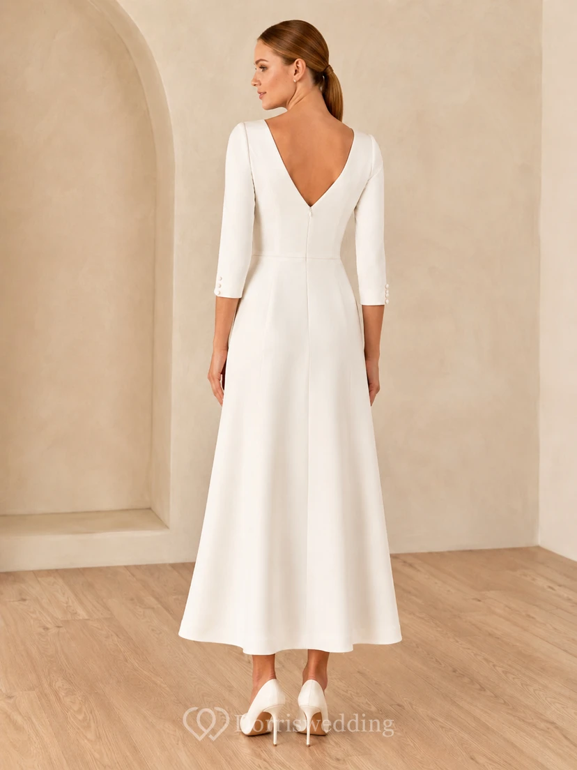 Modest Bateau Three Quarter Sleeve Satin A Line Tea Length Civil Wedding Dress view 2