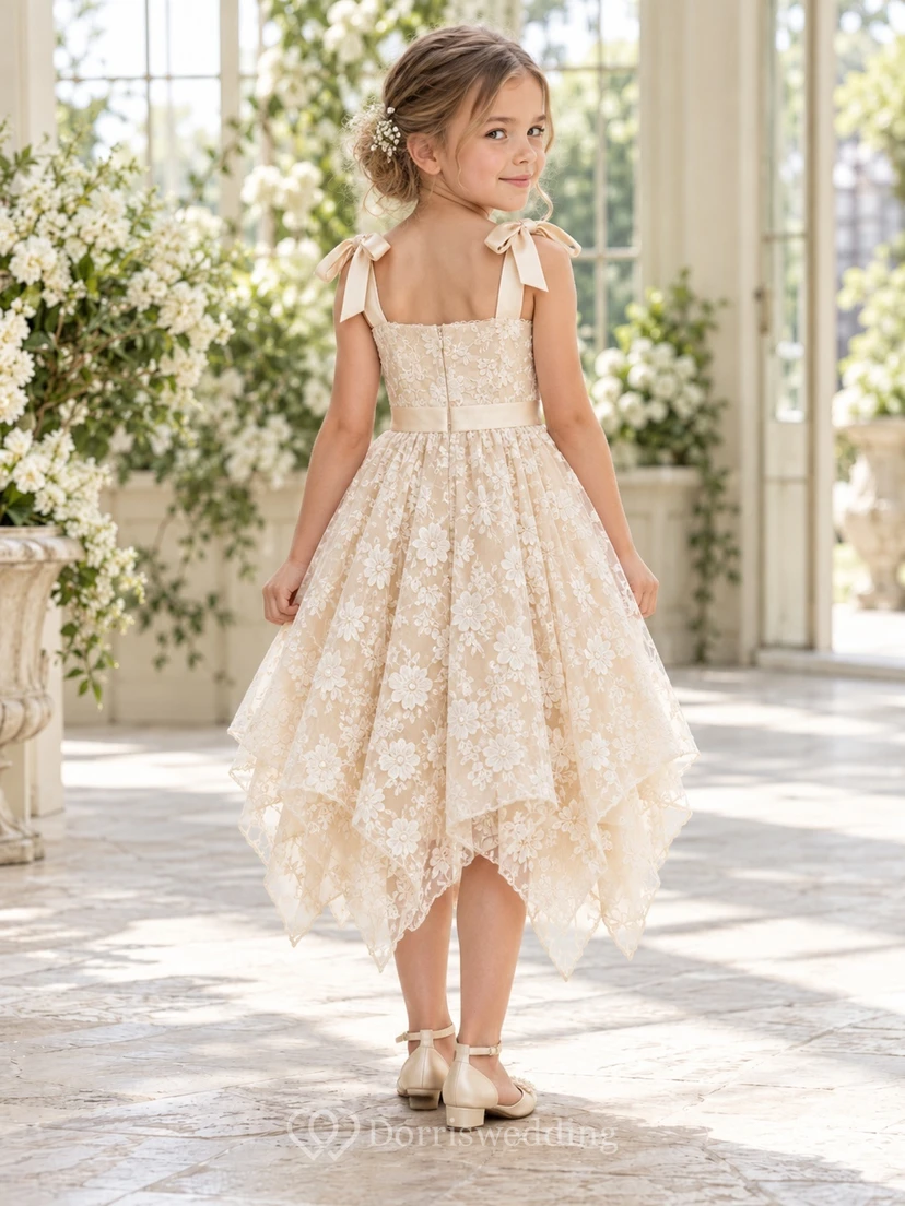 Ivory Square Neck Bow Strap Floral Lace Flower Girl Dress view 2