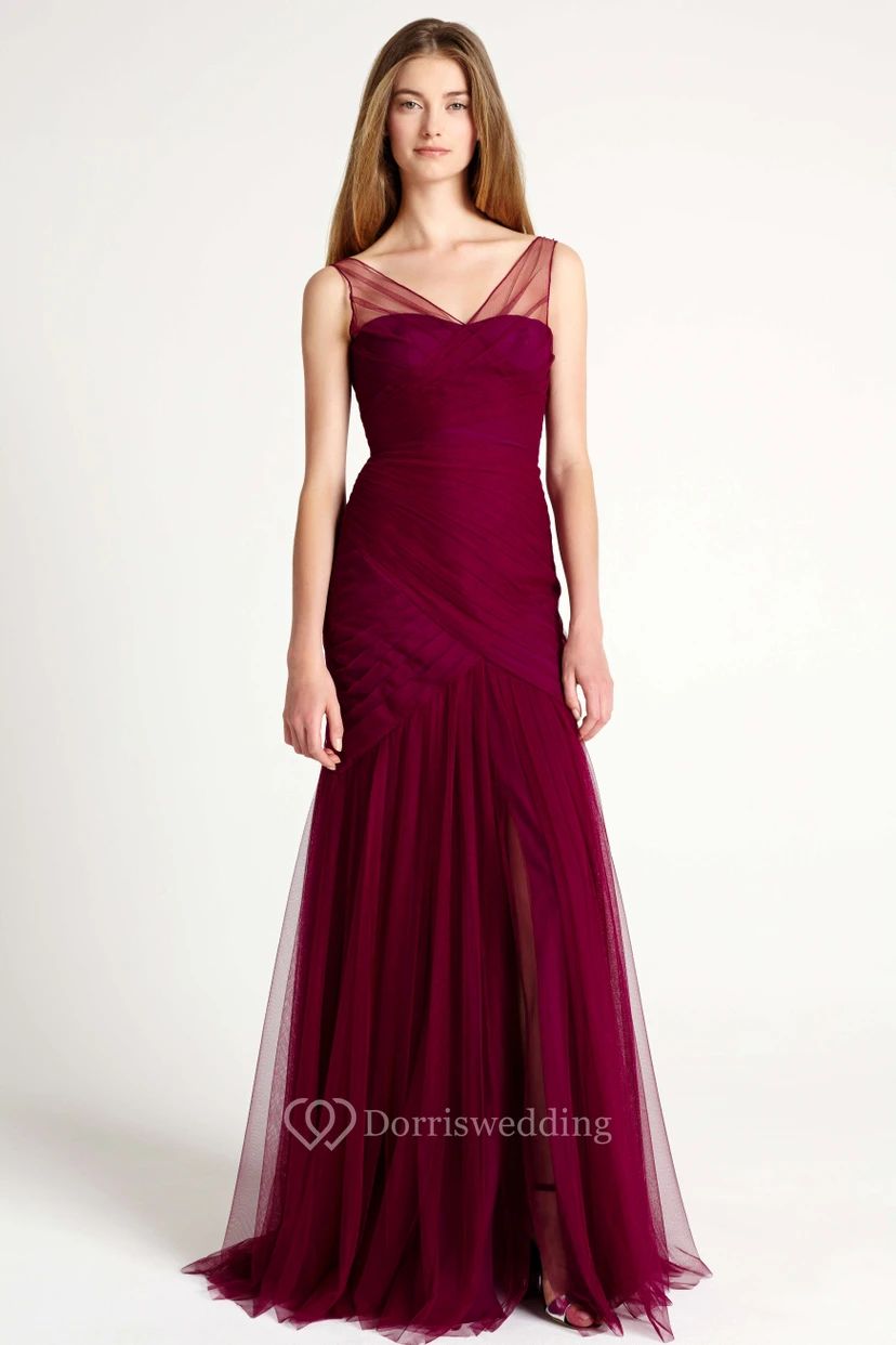 Mermaid Sleeveless V-Neck Ruched Tulle Bridesmaid Dress