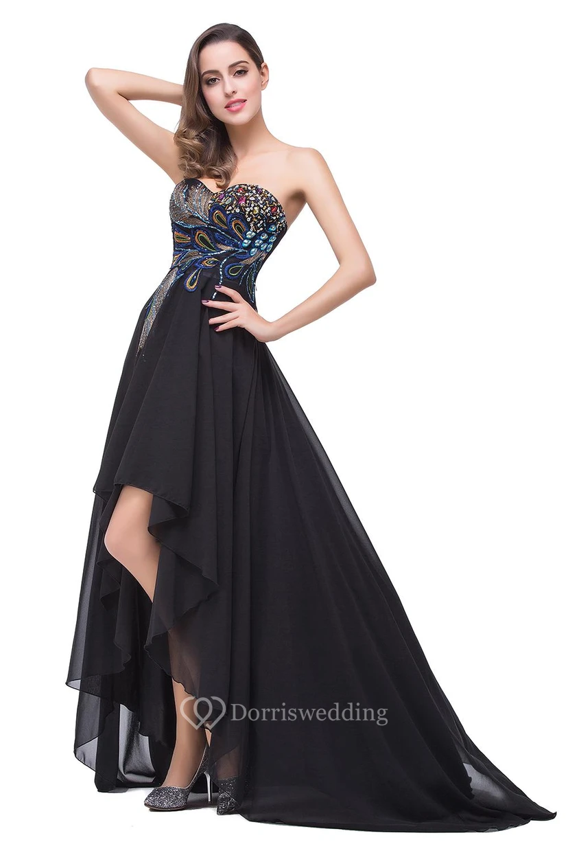 Newest Black Chiffon Peacock Prom Dress Hi-Lo Sweep Train view 2